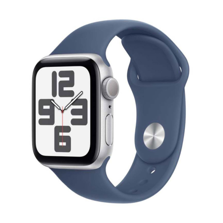 Apple Watch SE (2024), 44 мм корпус из алюминия цвета «Silver», ремешок Sport Band размера S/M цвета «Denim»