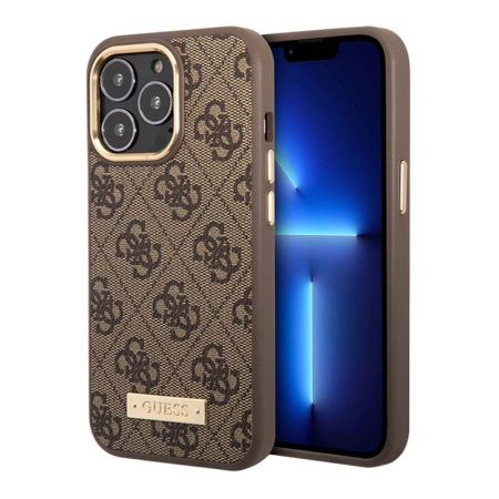 Чехол Guess для iPhone 13 Pro Max чехол MagSafe PU 4G Plate metal logo Hard Brown, коричневый