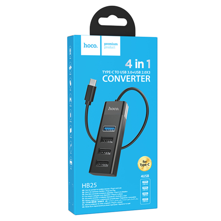 USB-хаб hoco. 4в1 Type-C на USB 3.0 + 3 USB 2.0 (HB25T) Черный